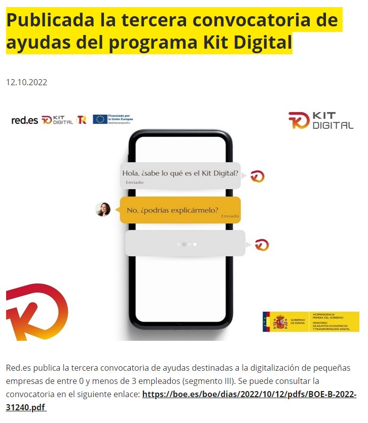 Abierta la tercera convocatoria de ayudas del programa Kit Digital para empresas o autónomos de 0 a 3 empleados - cuantía 2.000 eur.