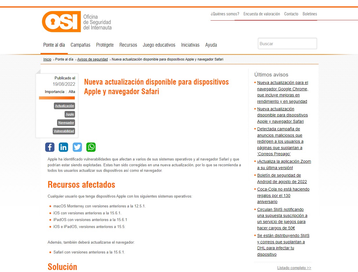 Nueva actualización disponible para dispositivos Apple y navegador Safari Nueva actualización disponible para dispositivos Apple y navegador Safari