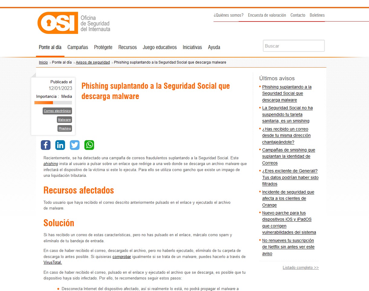 Phishing suplantando a la Seguridad Social que descarga malware Phishing suplantando a la Seguridad Social que descarga malware