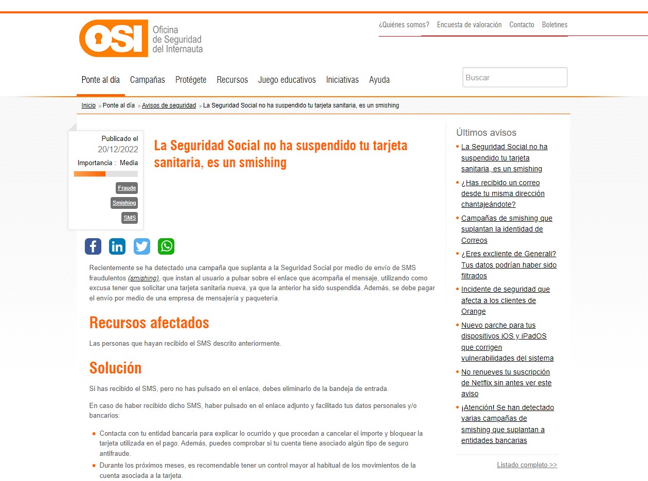 La Seguridad Social no ha suspendido tu tarjeta sanitaria, es un smishing La Seguridad Social no ha suspendido tu tarjeta sanitaria, es un smishing