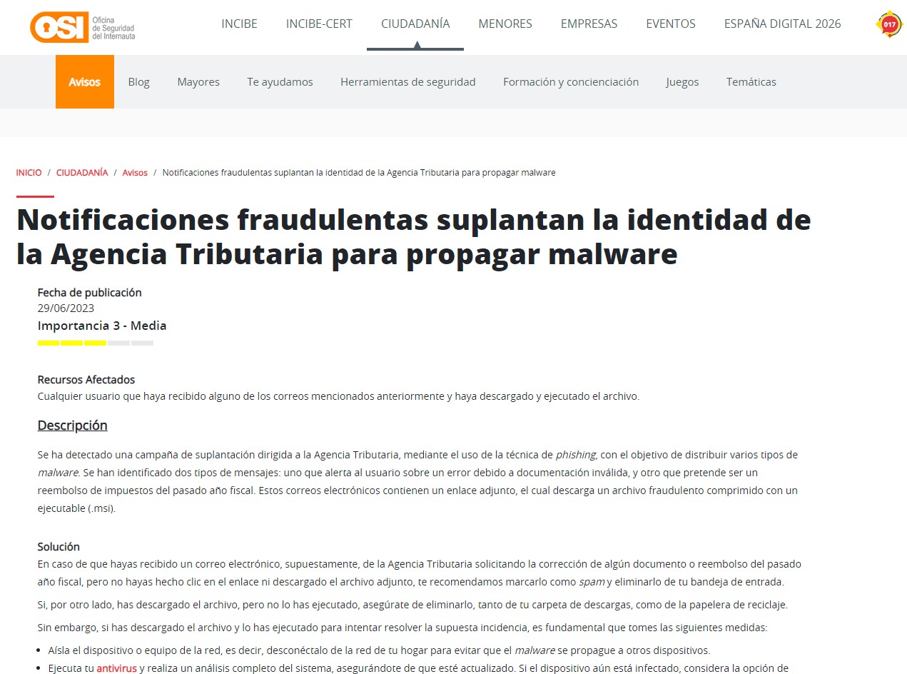 Notificaciones fraudulentas suplantan la identidad de la Agencia Tributaria para propagar malware
