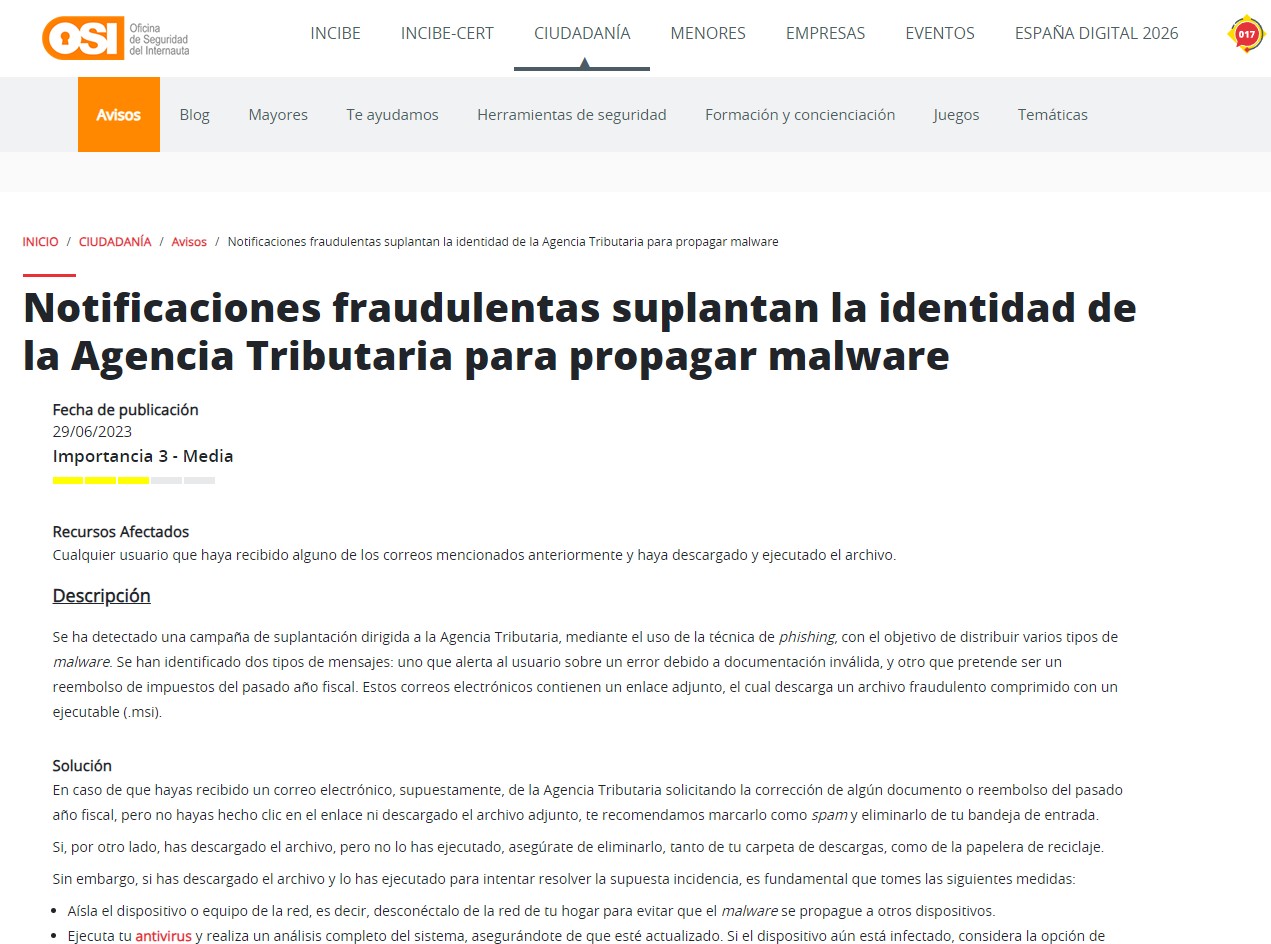 Notificaciones fraudulentas suplantan la identidad de la Agencia Tributaria para propagar malware Notificaciones fraudulentas suplantan la identidad de la Agencia Tributaria para propagar malware