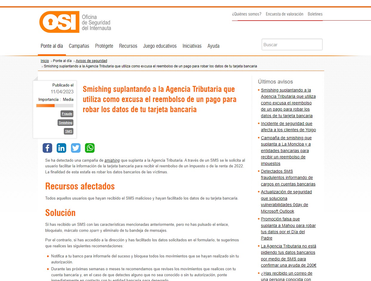 Smishing suplantando a la Agencia Tributaria que utiliza como excusa el reembolso de un pago para robar los datos de tu tarjeta bancaria Smishing suplantando a la Agencia Tributaria que utiliza como excusa el reembolso de un pago para robar los datos de tu tarjeta bancaria