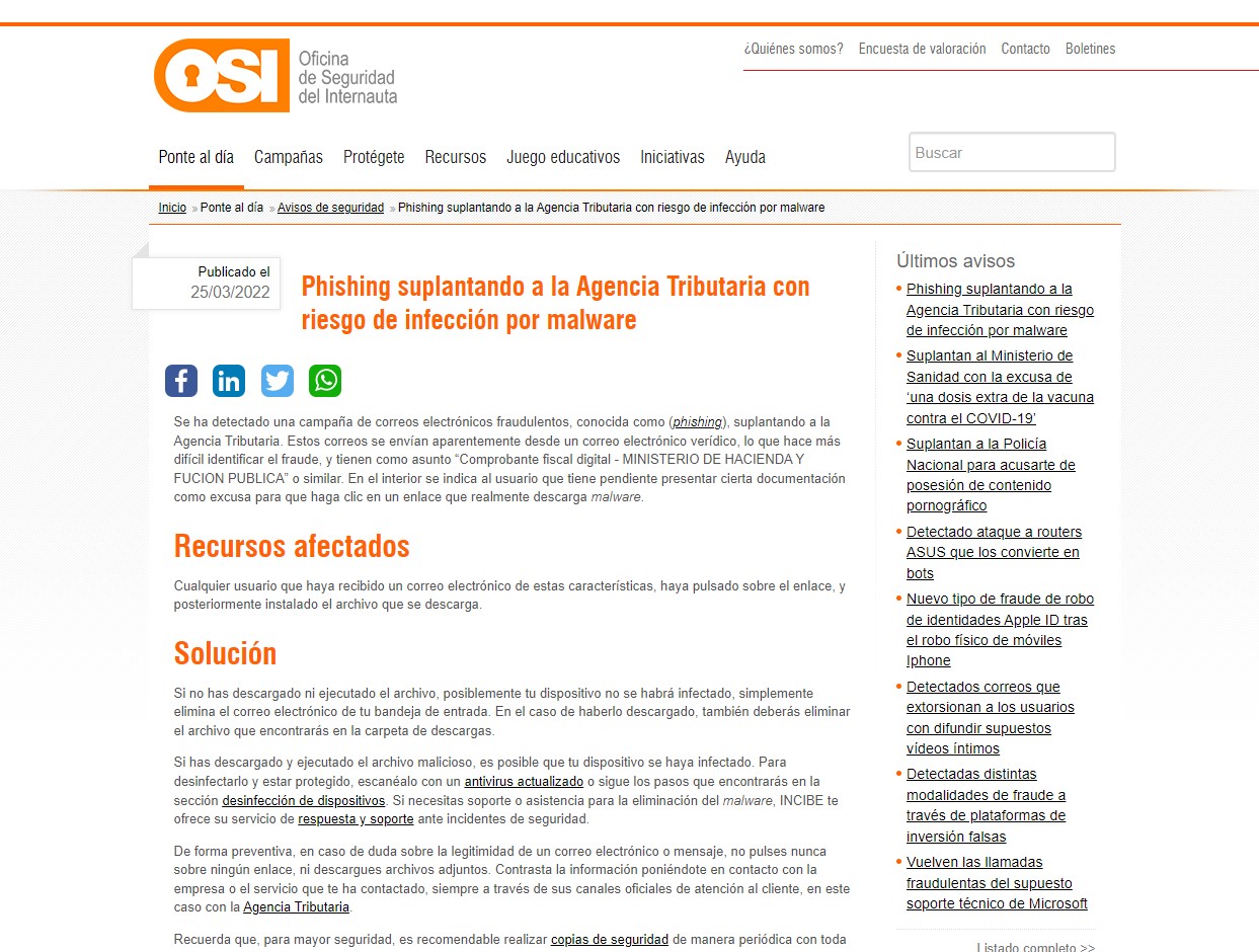 Phishing suplantando a la Agencia Tributaria con riesgo de infección por malware