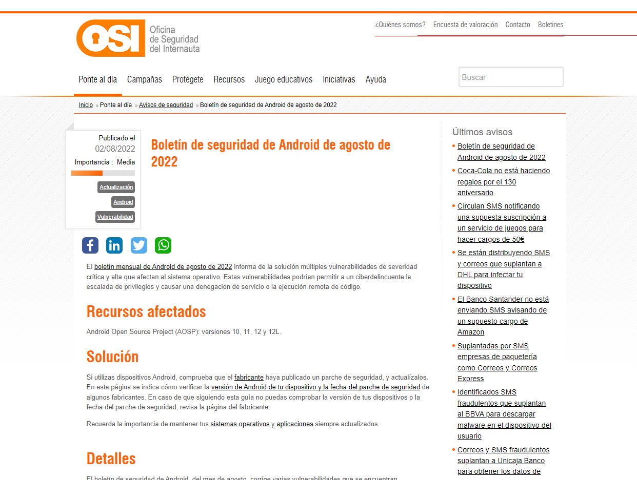 Boletín de seguridad de Android de agosto de 2022