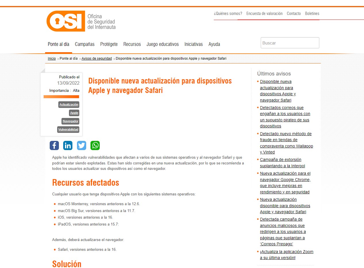 Disponible nueva actualización para dispositivos Apple y navegador Safari Disponible nueva actualización para dispositivos Apple y navegador Safari