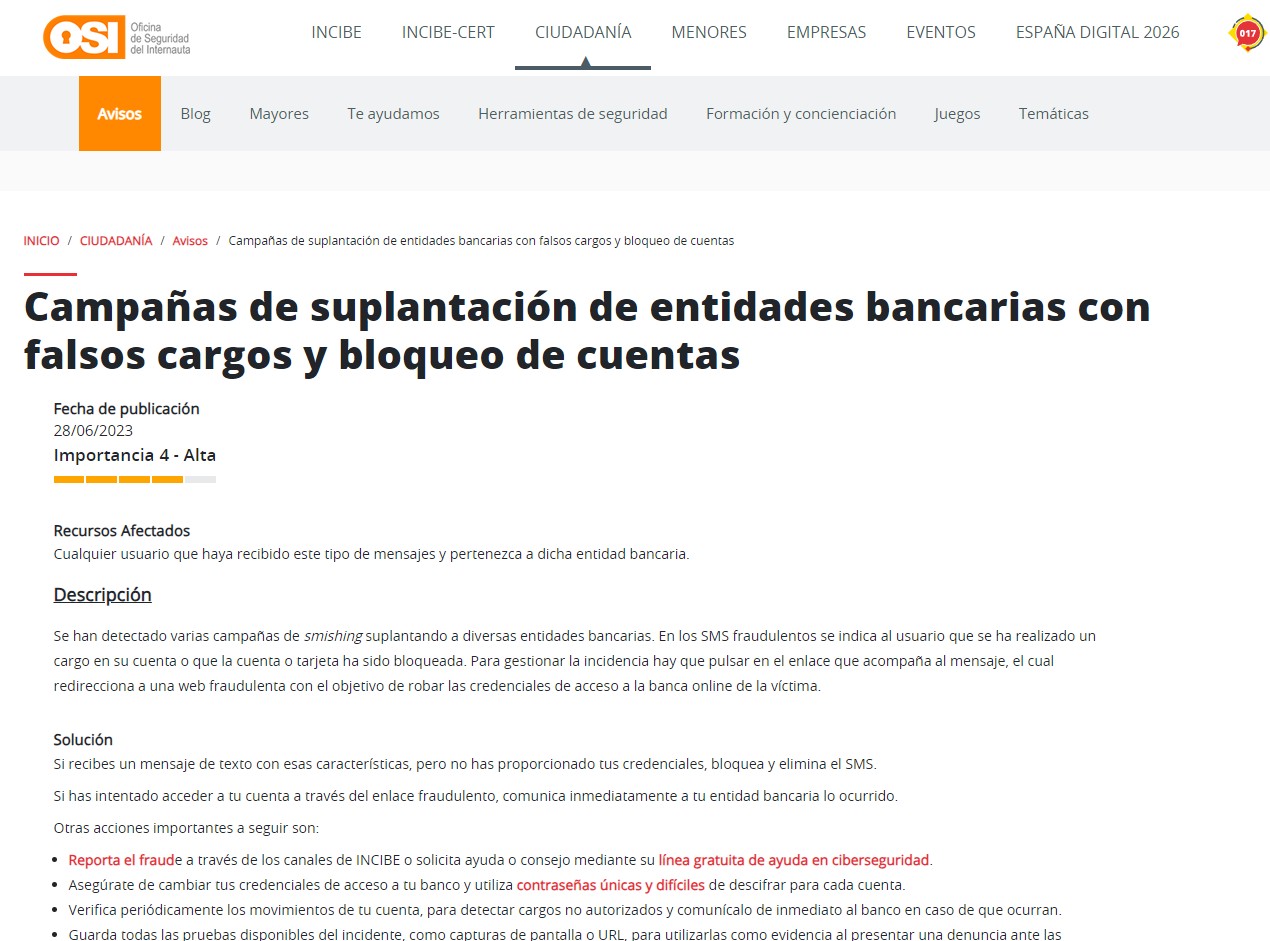 Campañas de suplantación de entidades bancarias con falsos cargos y bloqueo de cuentas