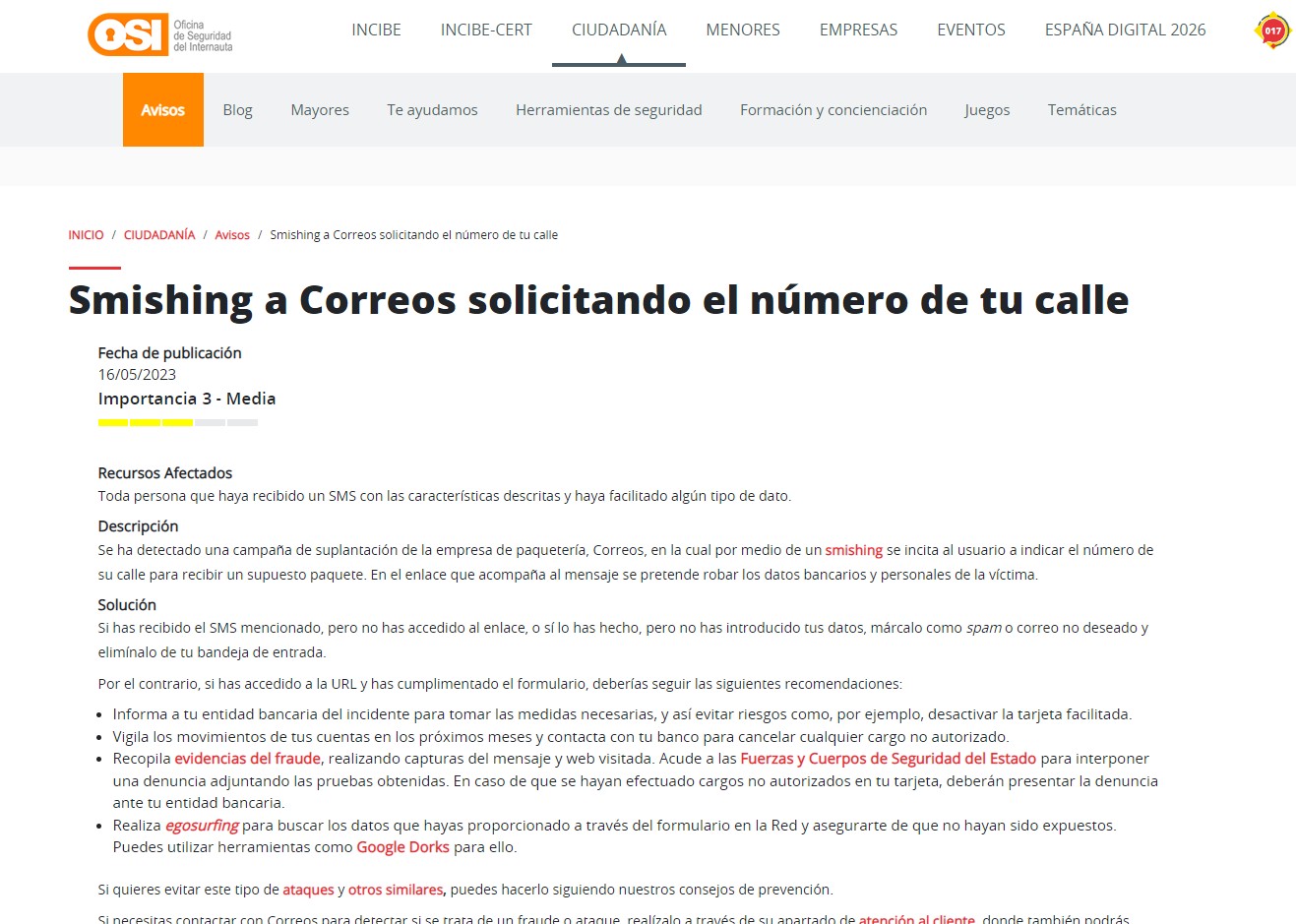 Smishing a Correos solicitando el número de tu calle Smishing a Correos solicitando el número de tu calle