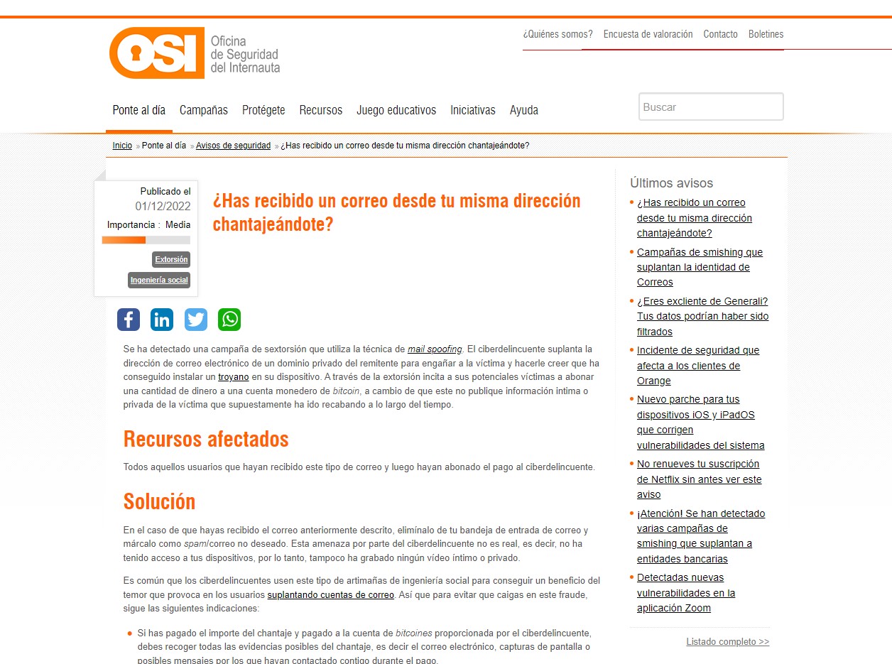 ¿Has recibido un correo desde tu misma dirección chantajeándote? ¿Has recibido un correo desde tu misma dirección chantajeándote?