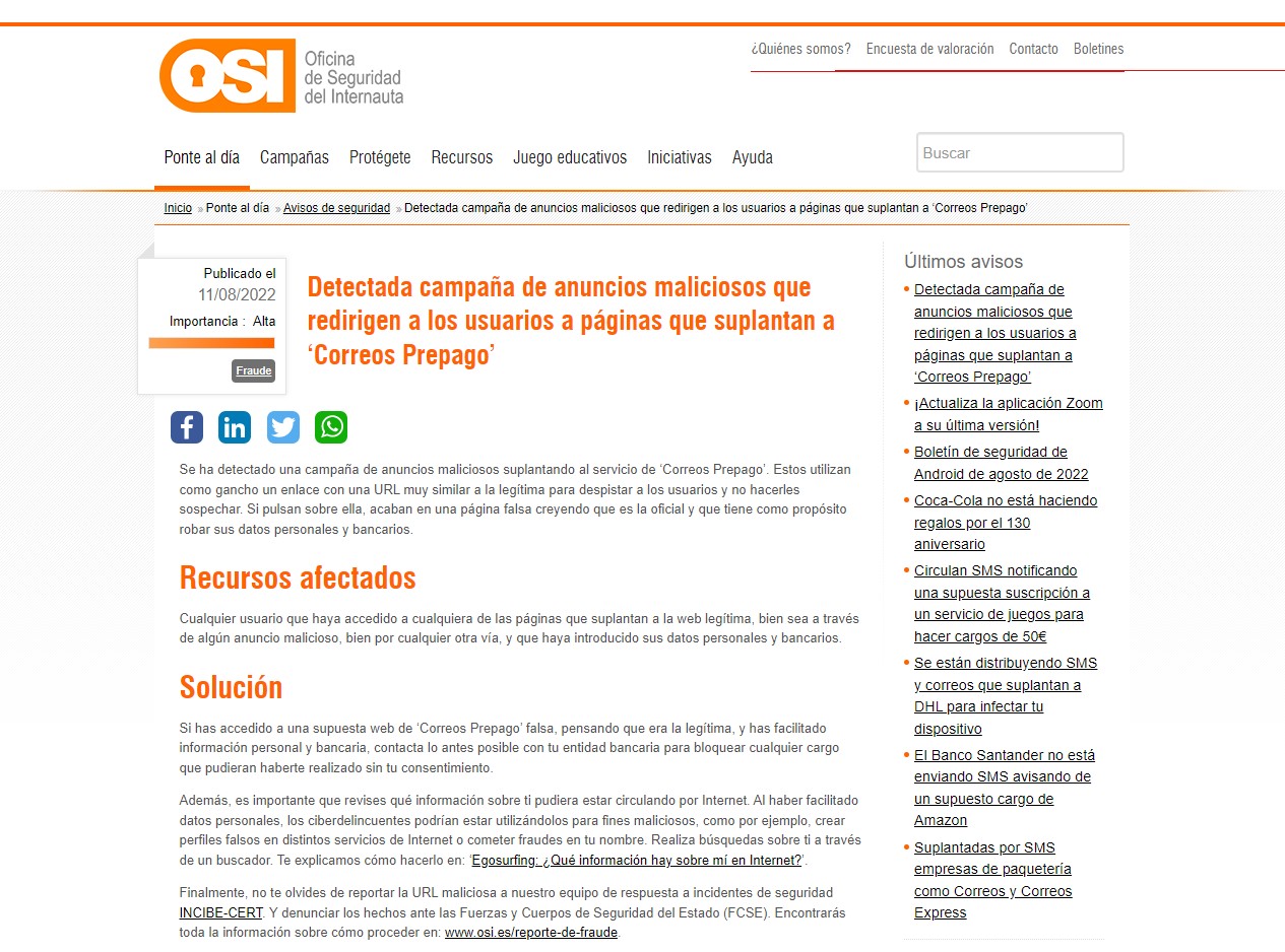 Detectada campaña de anuncios maliciosos que redirigen a los usuarios a páginas que suplantan a ‘Correos Prepago’