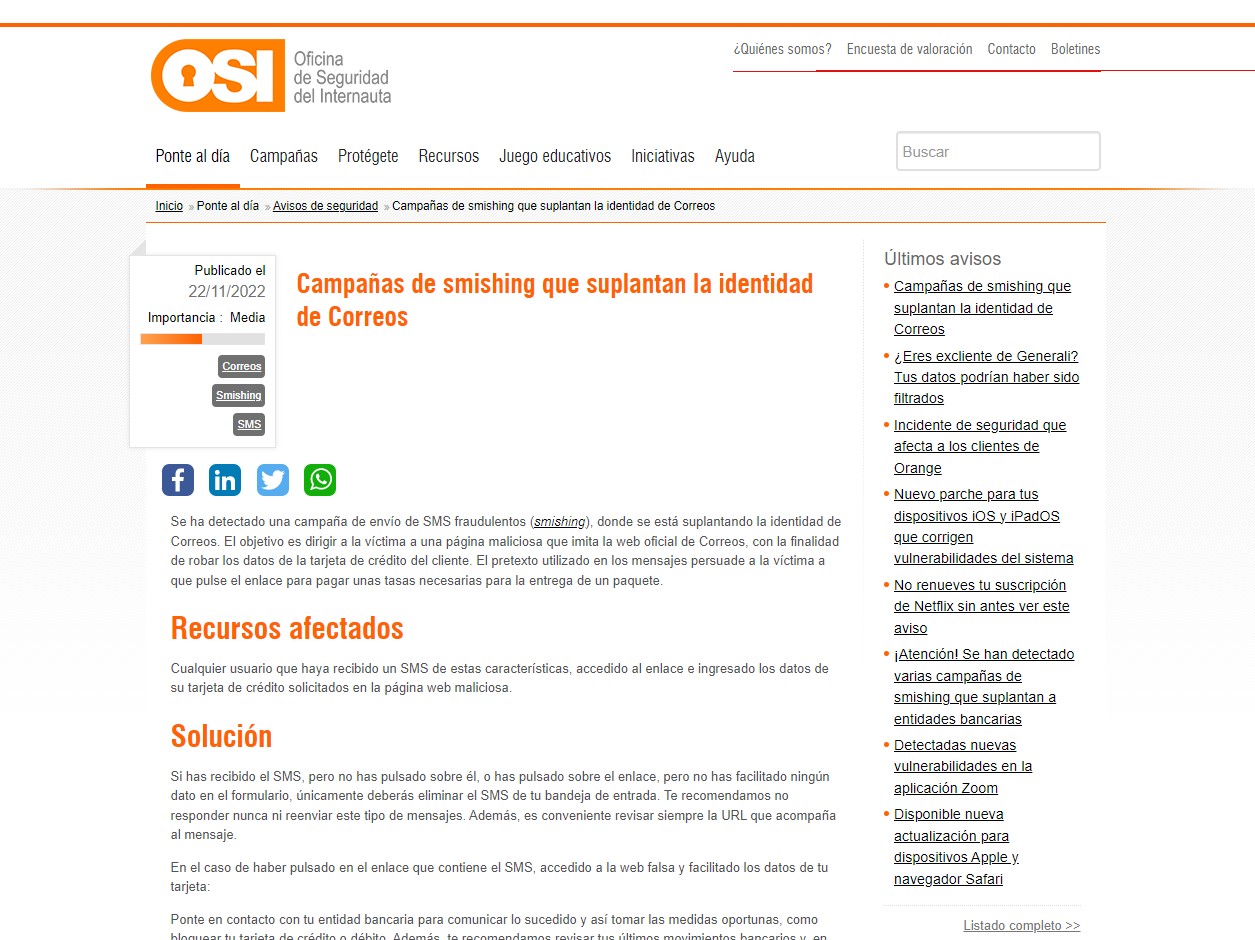Campañas de smishing que suplantan la identidad de Correos Campañas de smishing que suplantan la identidad de Correos