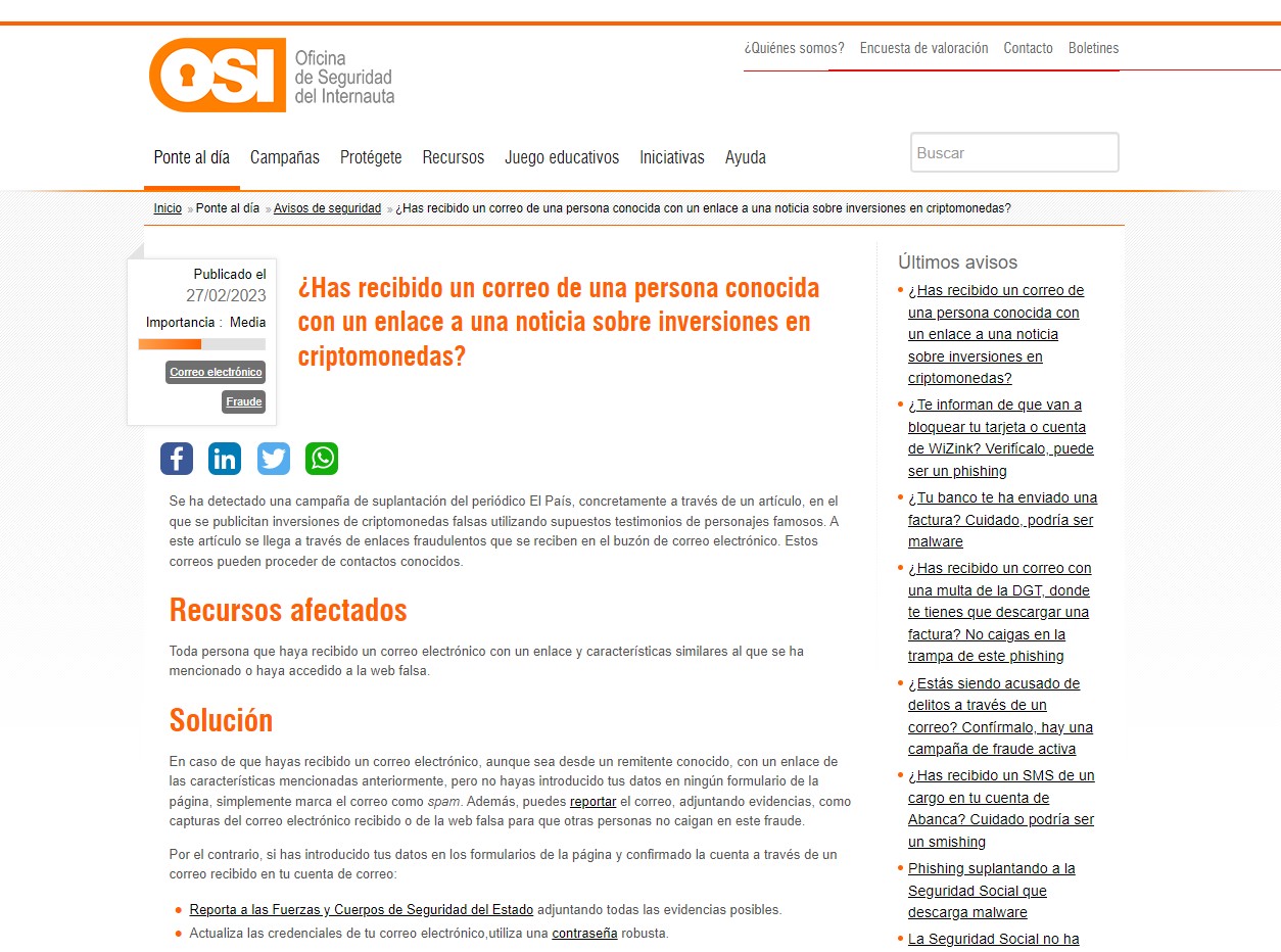 ¿Has recibido un correo de una persona conocida con un enlace a una noticia sobre inversiones en criptomonedas?