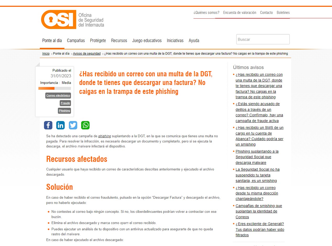 ¿Has recibido un correo con una multa de la DGT, donde te tienes que descargar una factura? No caigas en la trampa de este phishing ¿Has recibido un correo con una multa de la DGT, donde te tienes que descargar una factura? No caigas en la trampa de este phishing