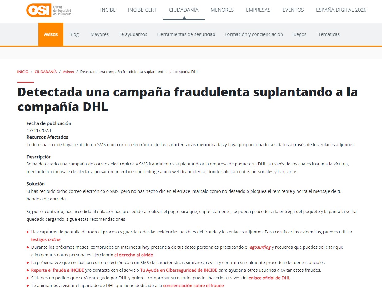 Detectada una campaña fraudulenta suplantando a la compañía DHL