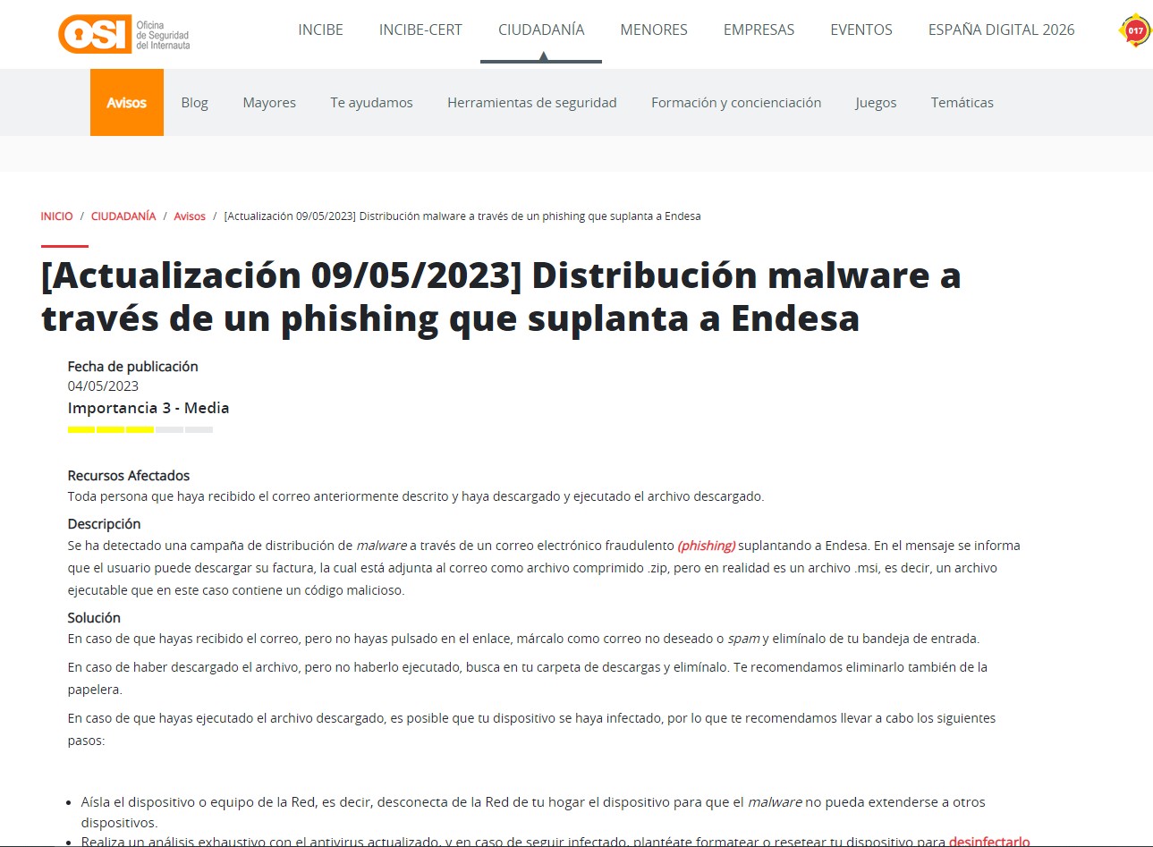 [Actualización 09/05/2023] Distribución malware a través de un phishing que suplanta a Endesa