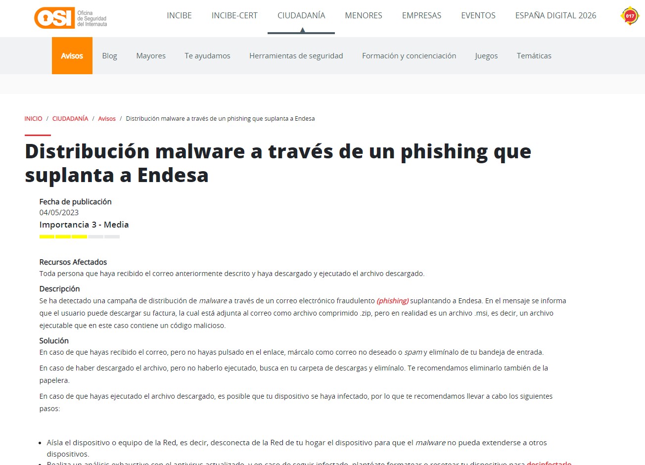 Distribución malware a través de un phishing que suplanta a Endesa