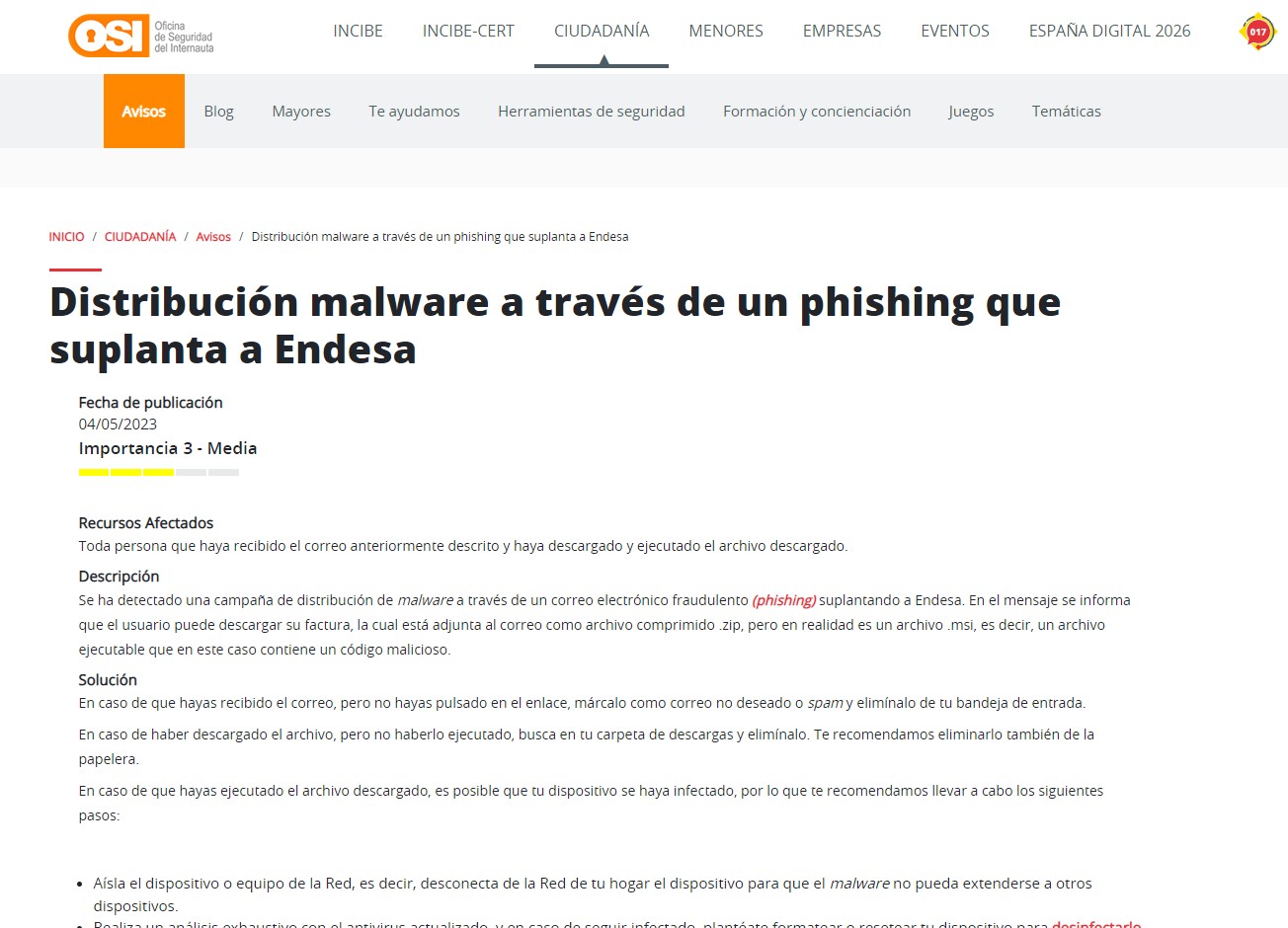 Distribución malware a través de un phishing que suplanta a Endesa Distribución malware a través de un phishing que suplanta a Endesa