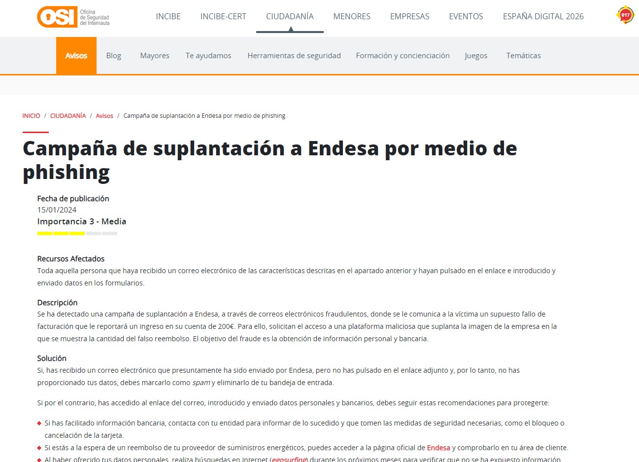 Campaña de suplantación a Endesa por medio de phishing