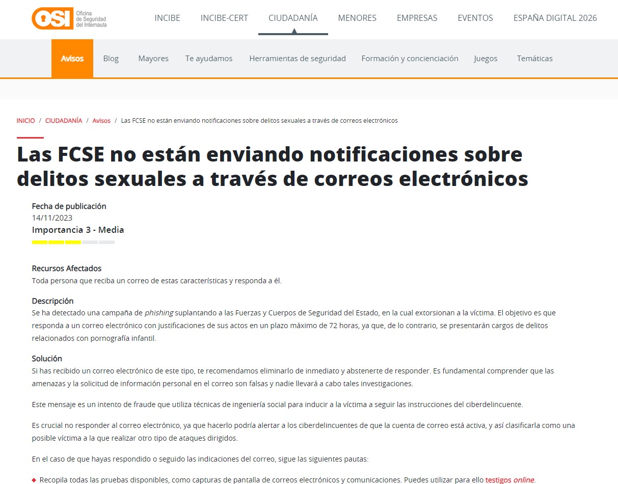 Las FCSE no están enviando notificaciones sobre delitos sexuales a través de correos electrónicos 