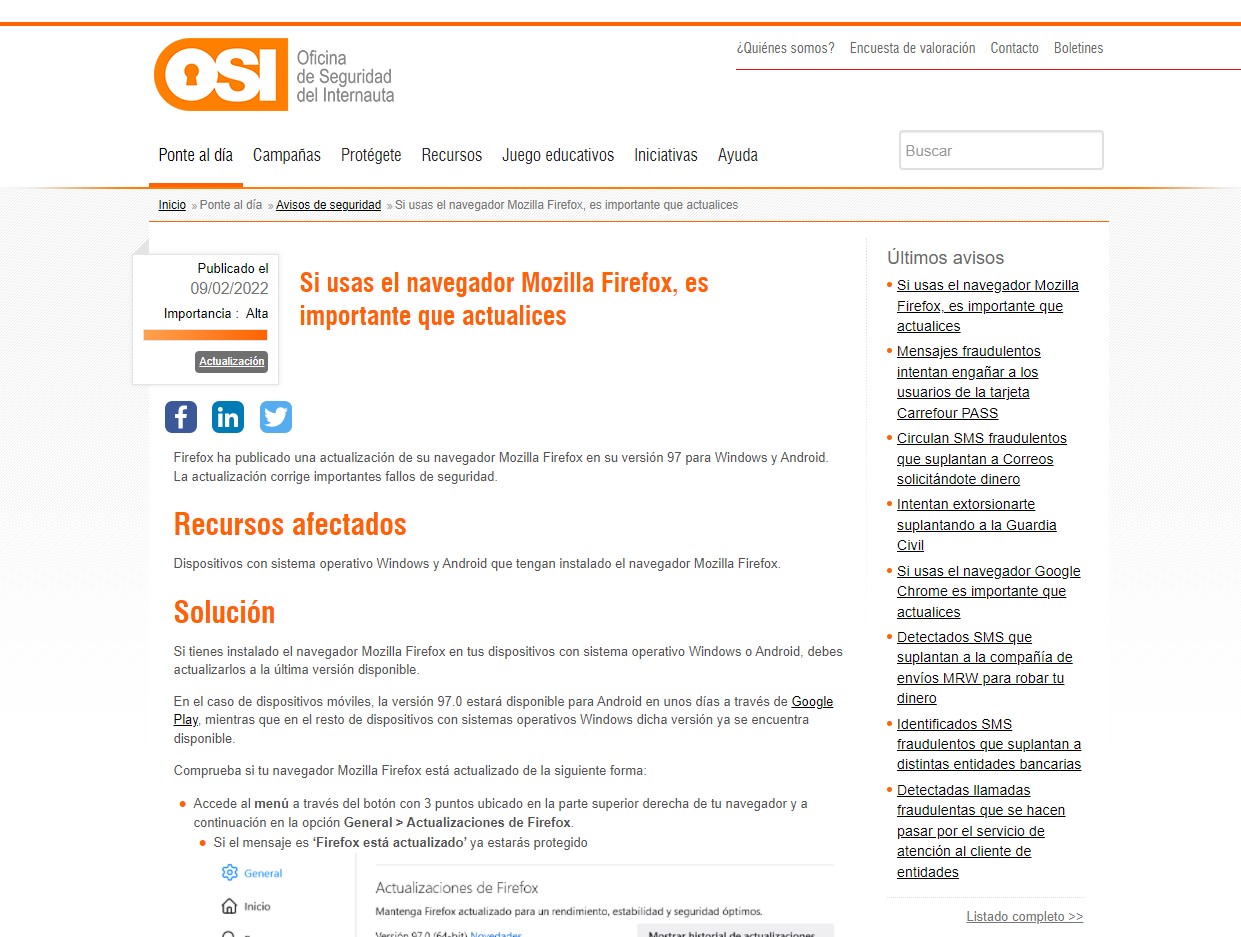 Si usas el navegador Mozilla Firefox, es importante que actualices