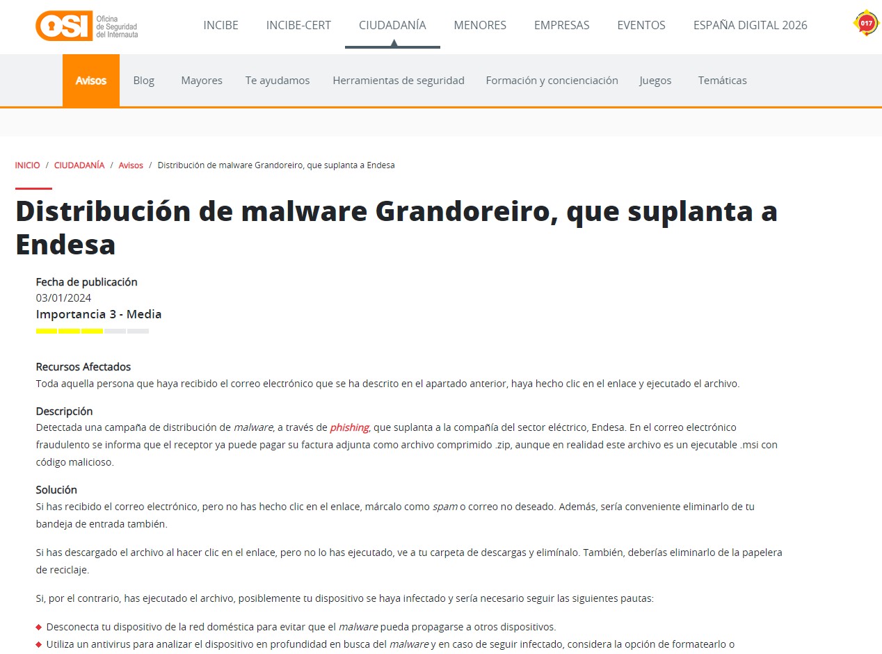 Distribución de malware Grandoreiro, que suplanta a Endesa