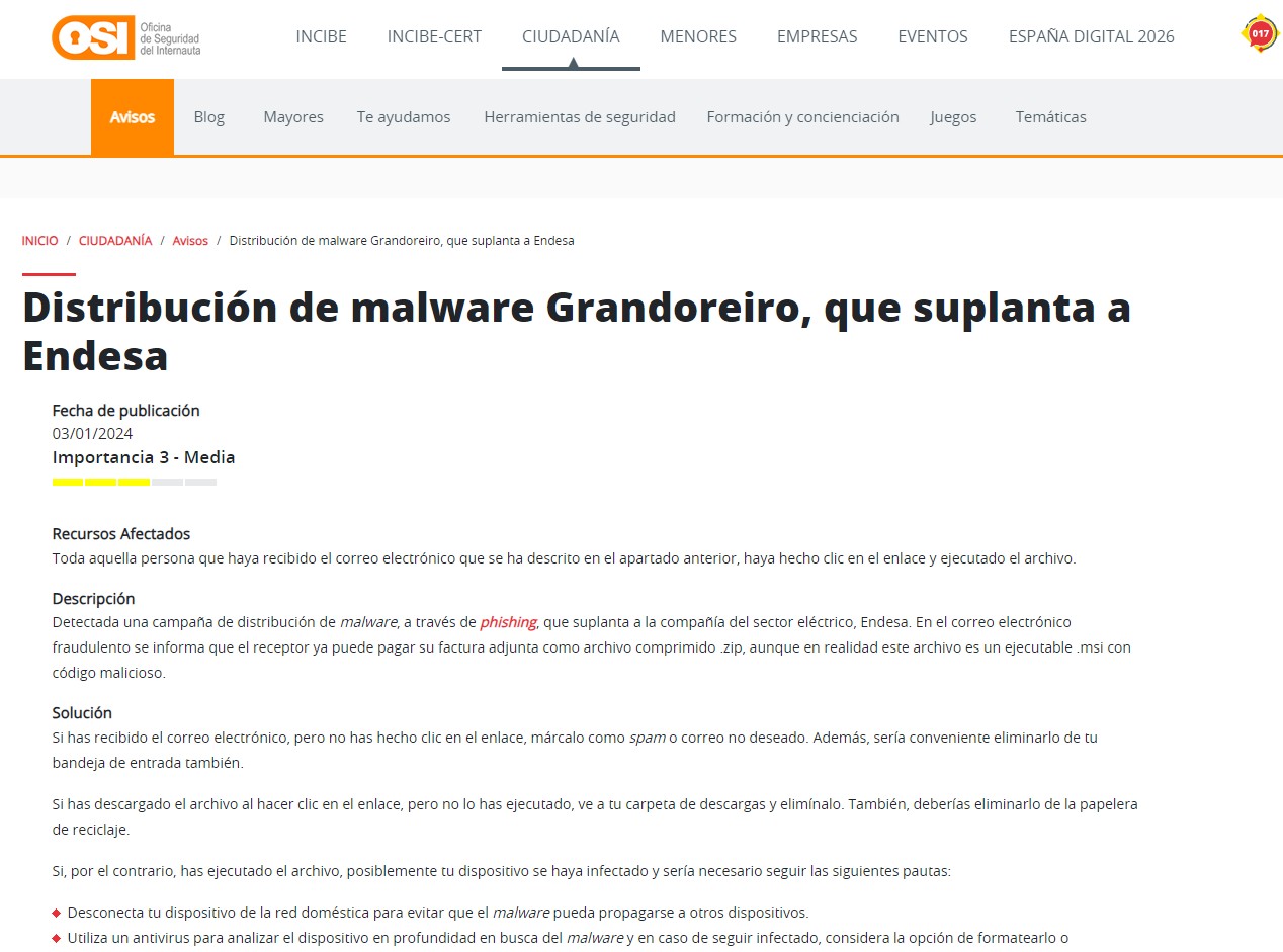 Distribución de malware Grandoreiro, que suplanta a Endesa Distribución de malware Grandoreiro, que suplanta a Endesa
