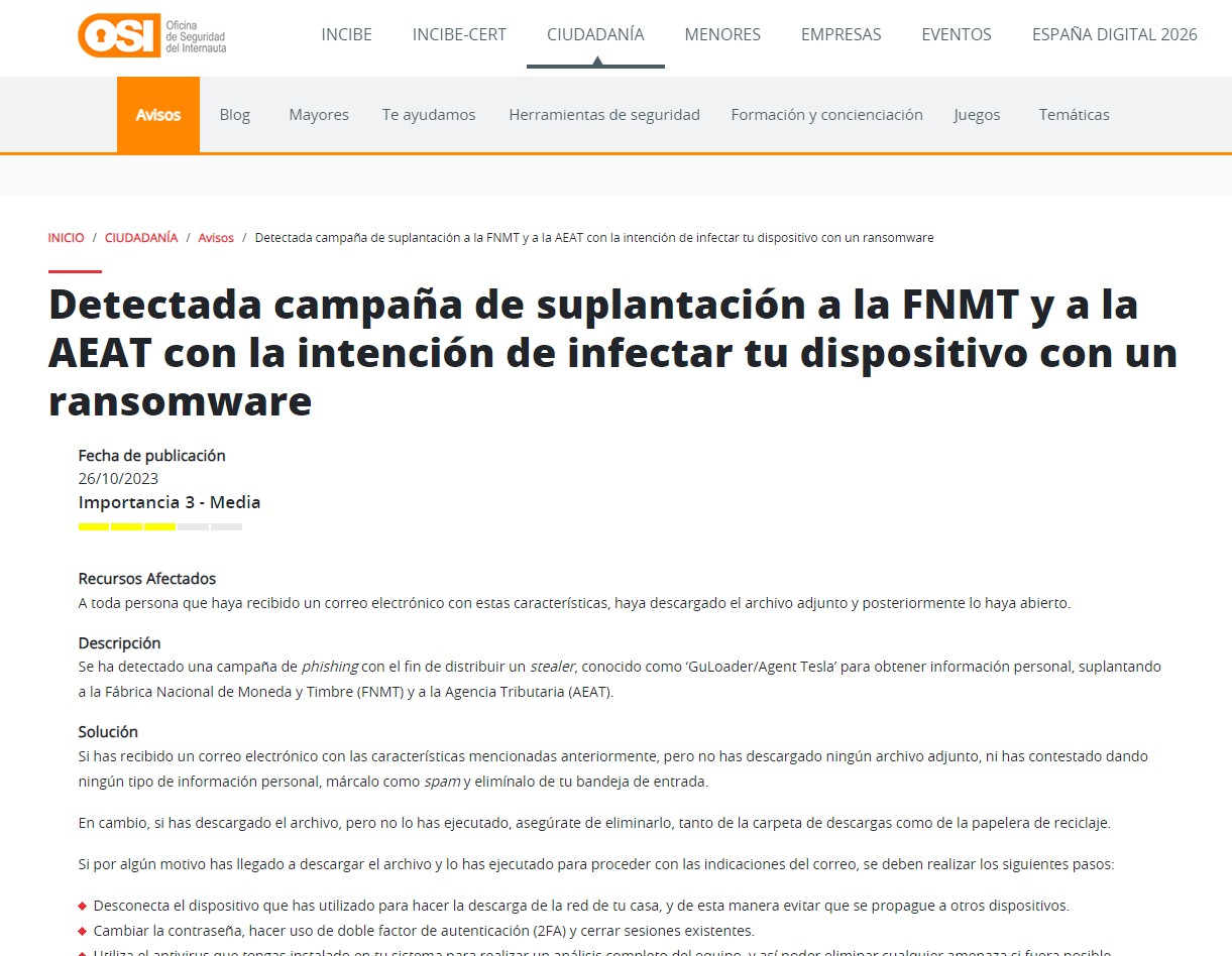 Detectada campaña de suplantación a la FNMT y a la AEAT con la intención de infectar tu dispositivo con un ransomware