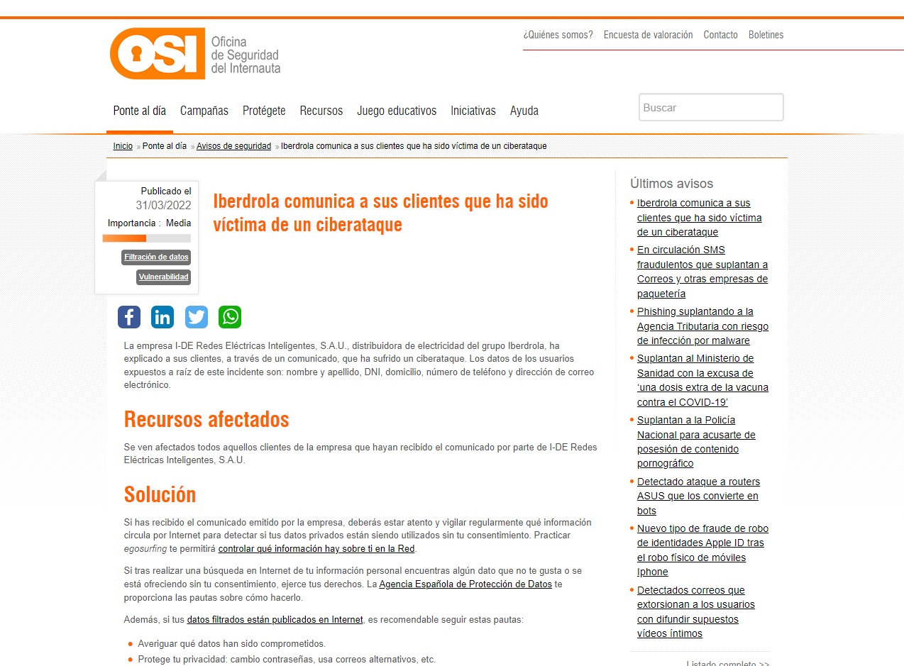 Iberdrola comunica a sus clientes que ha sido víctima de un ciberataque Iberdrola comunica a sus clientes que ha sido víctima de un ciberataque