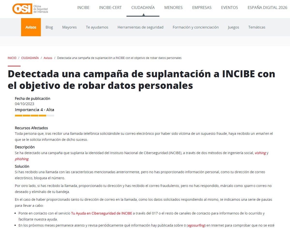 Detectada una campaña de suplantación a INCIBE con el objetivo de robar datos personales