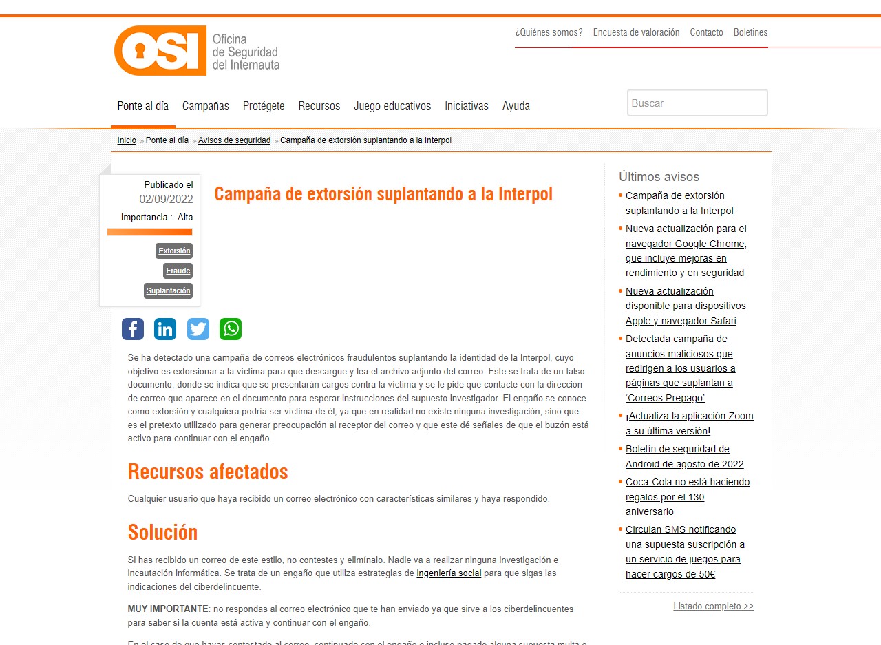 Campaña de extorsión suplantando a la Interpol Campaña de extorsión suplantando a la Interpol