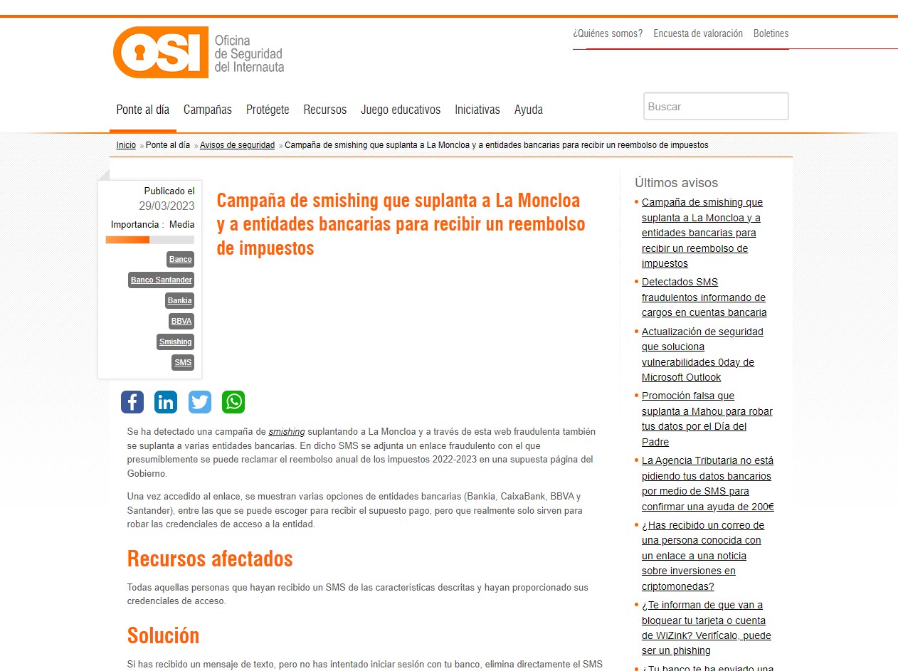 Campaña de smishing que suplanta a La Moncloa y a entidades bancarias para recibir un reembolso de impuestos Campaña de smishing que suplanta a La Moncloa y a entidades bancarias para recibir un reembolso de impuestos