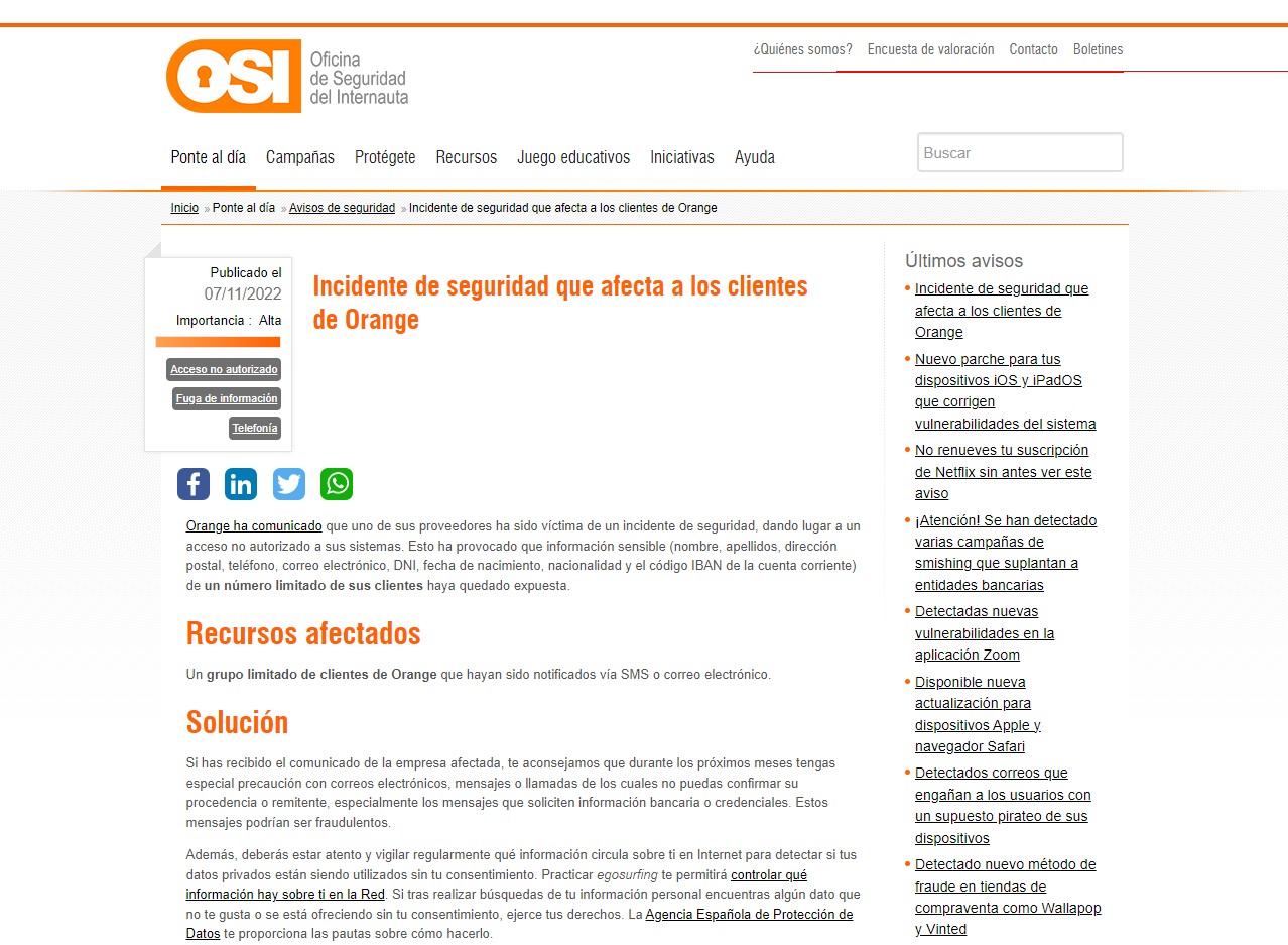 Incidente de seguridad que afecta a los clientes de Orange Incidente de seguridad que afecta a los clientes de Orange