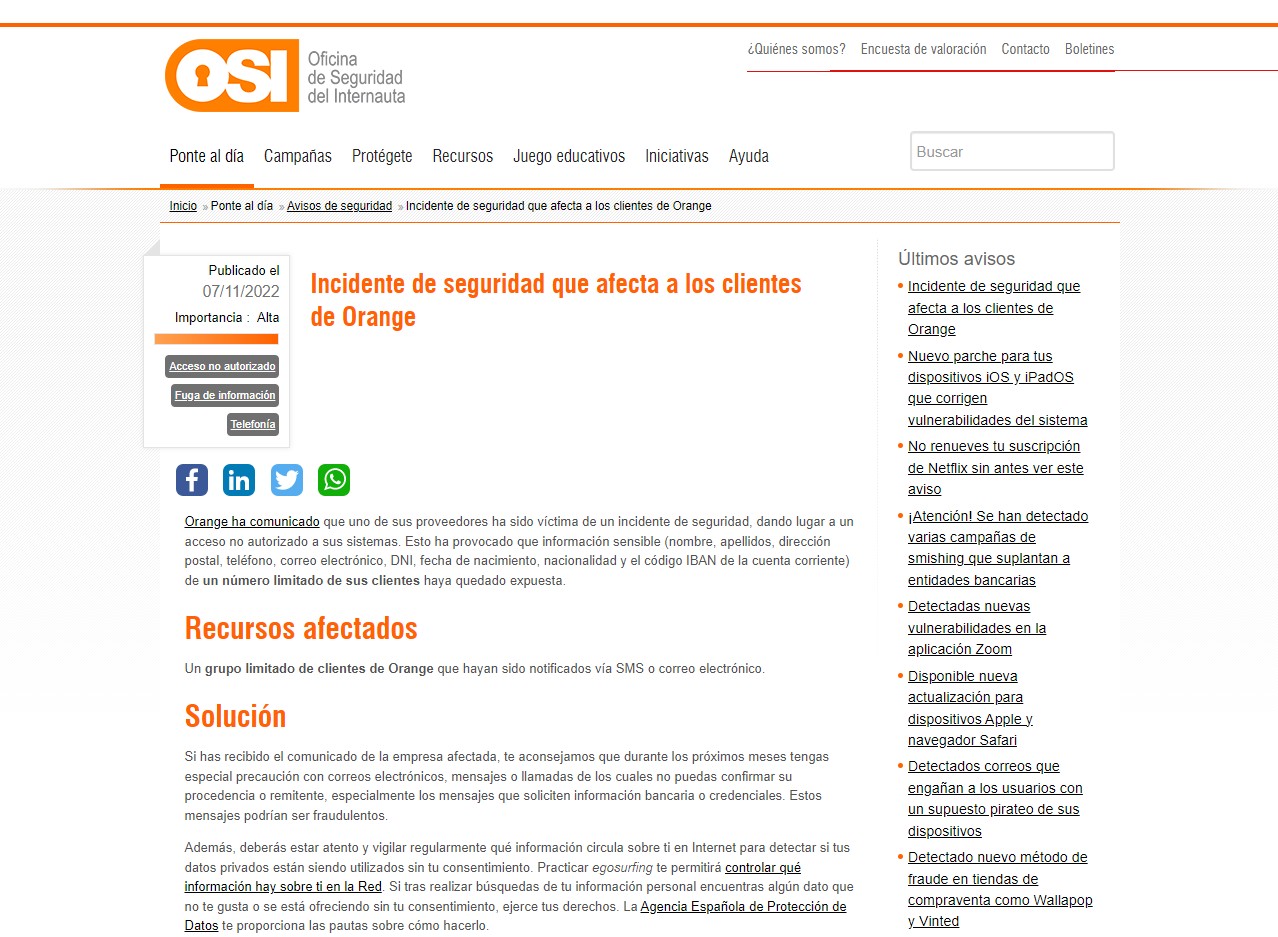 Incidente de seguridad que afecta a los clientes de Orange