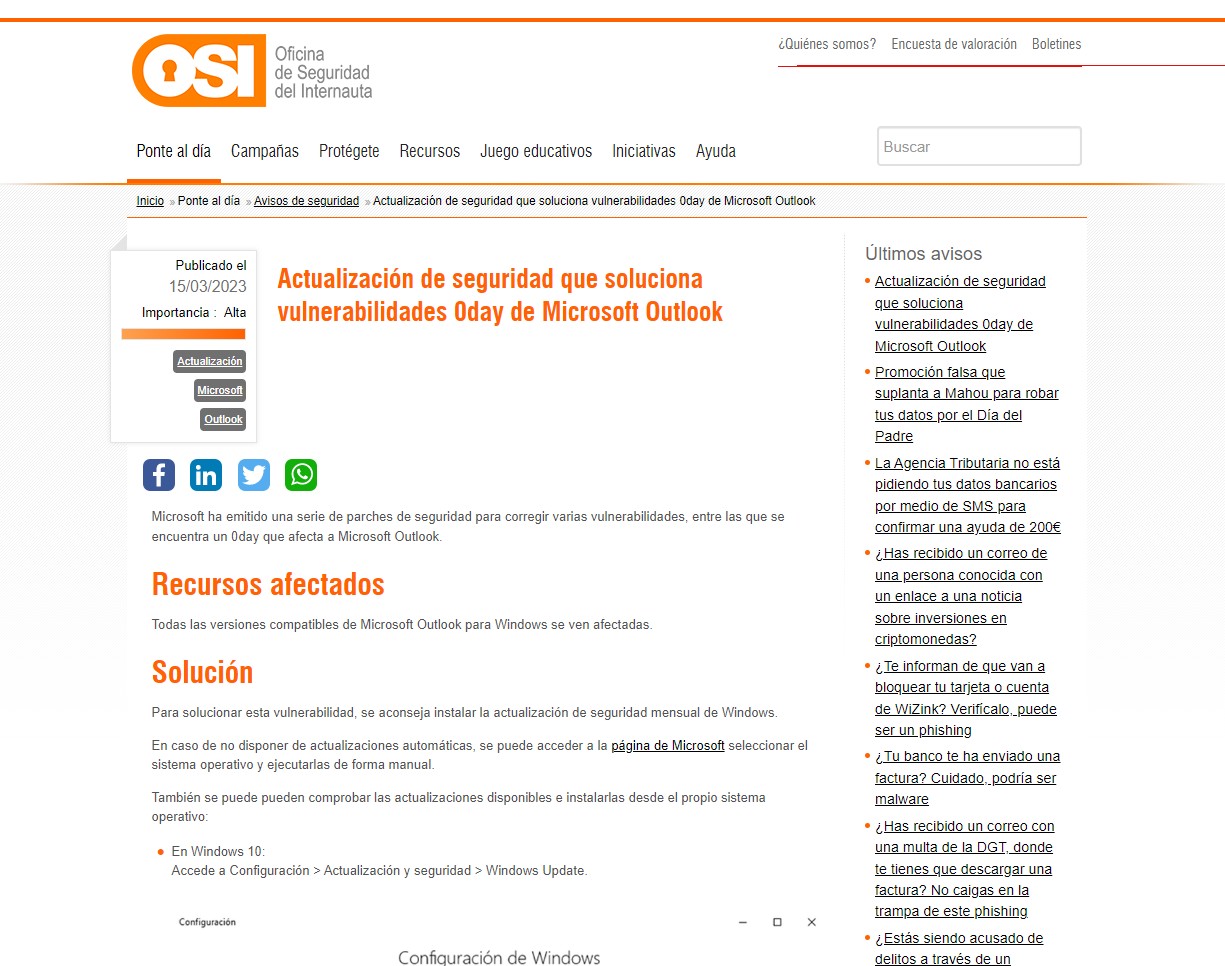 Actualización de seguridad que soluciona vulnerabilidades 0day de Microsoft Outlook