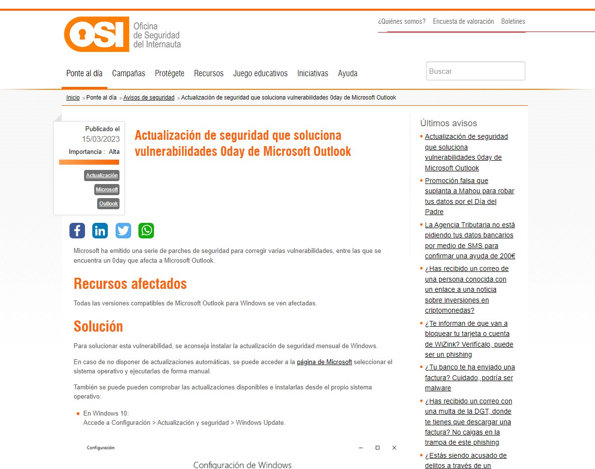 Actualización de seguridad que soluciona vulnerabilidades 0day de Microsoft Outlook Actualización de seguridad que soluciona vulnerabilidades 0day de Microsoft Outlook
