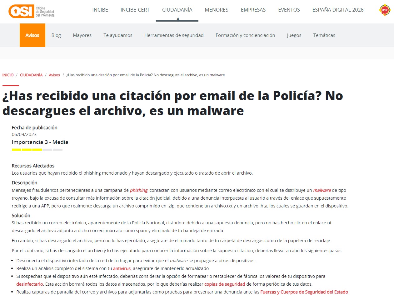 ¿Has recibido una citación por email de la Policía? No descargues el archivo, es un malware