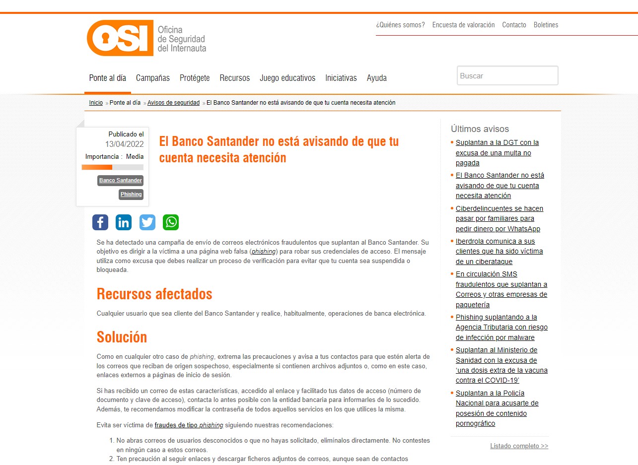 El Banco Santander no está avisando de que tu cuenta necesita atención El Banco Santander no está avisando de que tu cuenta necesita atención