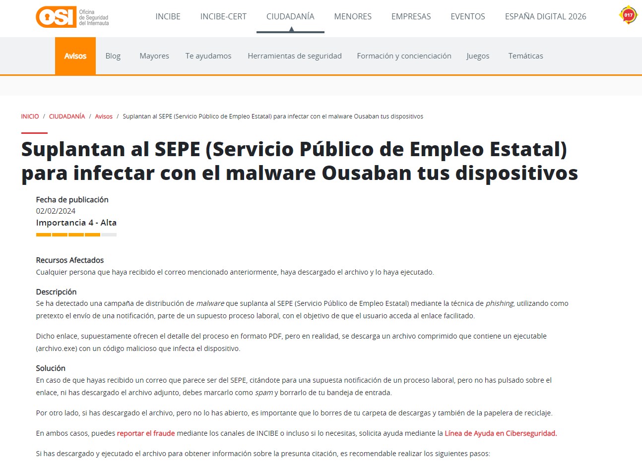 Suplantan al SEPE (Servicio Público de Empleo Estatal) para infectar con el malware Ousaban tus dispositivos Suplantan al SEPE (Servicio Público de Empleo Estatal) para infectar con el malware Ousaban tus dispositivos