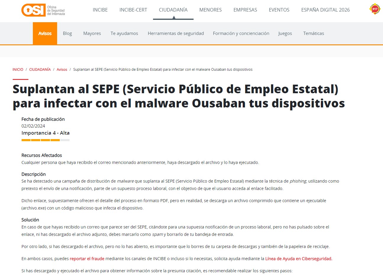 Suplantan al SEPE (Servicio Público de Empleo Estatal) para infectar con el malware Ousaban tus dispositivos