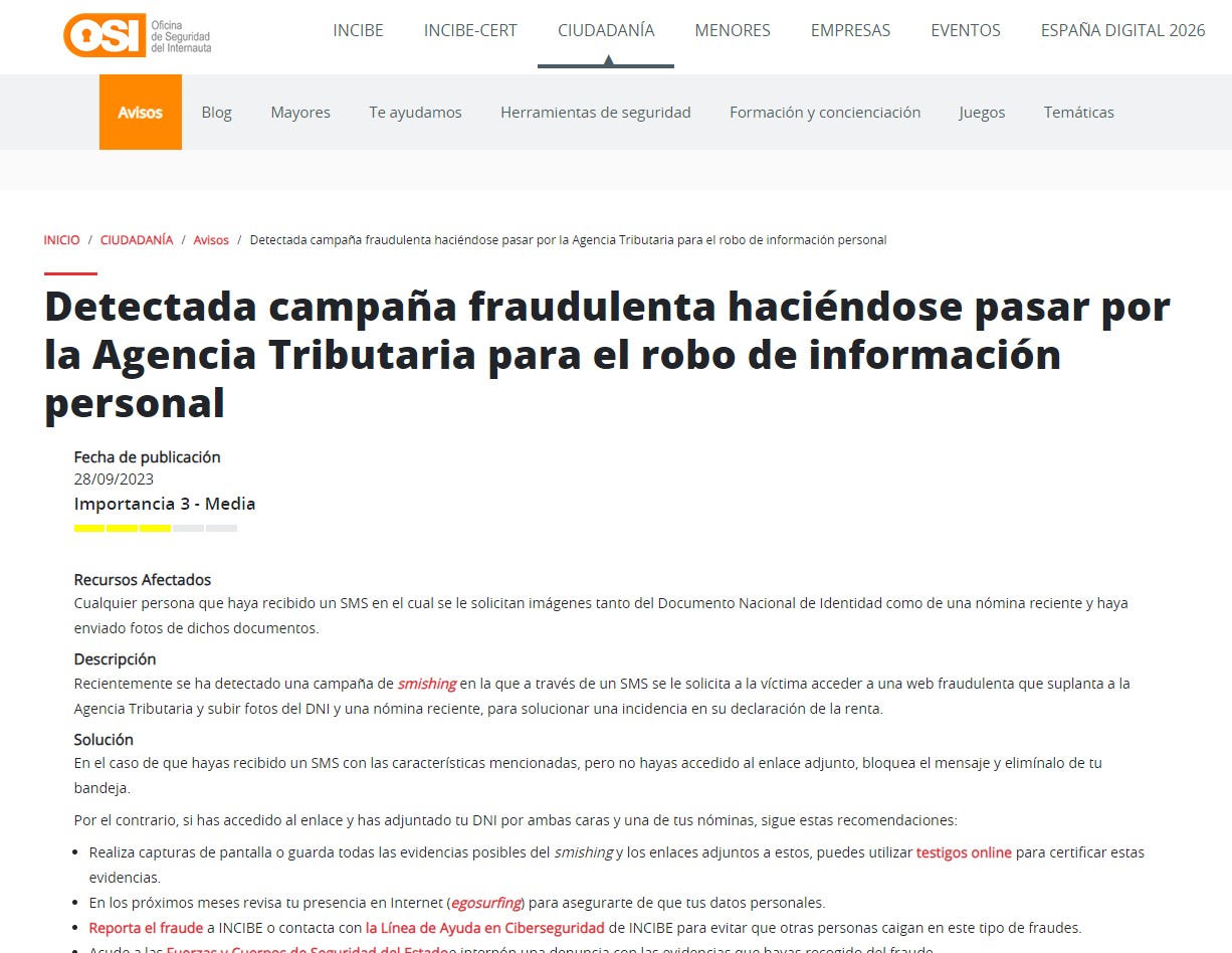 Detectada campaña fraudulenta haciéndose pasar por la Agencia Tributaria para el robo de información personal Detectada campaña fraudulenta haciéndose pasar por la Agencia Tributaria para el robo de información personal