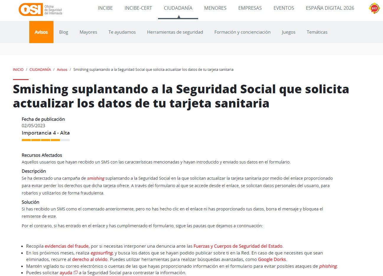 Smishing suplantando a la Seguridad Social que solicita actualizar los datos de tu tarjeta sanitaria Smishing suplantando a la Seguridad Social que solicita actualizar los datos de tu tarjeta sanitaria