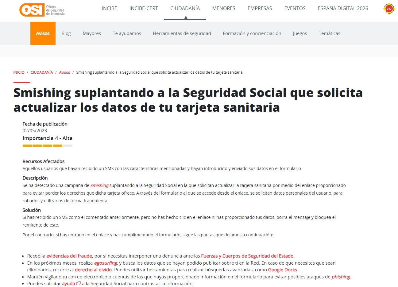 Smishing suplantando a la Seguridad Social que solicita actualizar los datos de tu tarjeta sanitaria