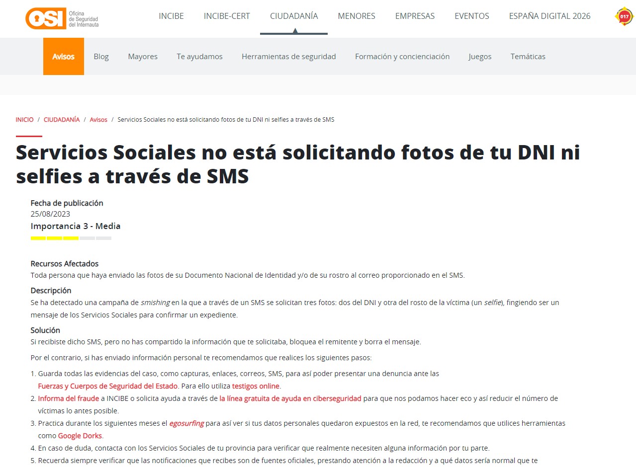 Servicios Sociales no está solicitando fotos de tu DNI ni selfies a través de SMS