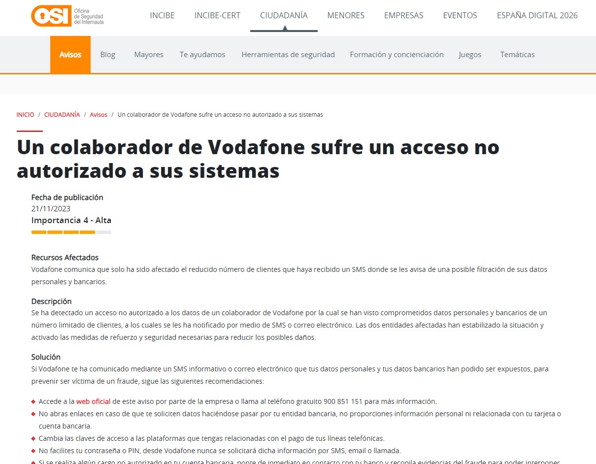 Un colaborador de Vodafone sufre un acceso no autorizado a sus sistemas